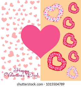 Greeting card day of St. Valentine. Abstract design, donuts in the form of heart, hearts, gifts, vector.