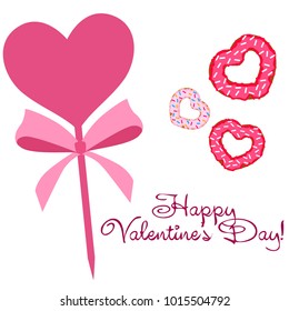 Greeting card day of St. Valentine. Abstract design, donuts in the form of heart, hearts, gifts, vector.
