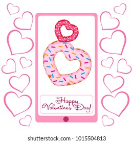 Greeting card day of St. Valentine. Abstract design, donuts in the form of heart, hearts, gifts, vector.