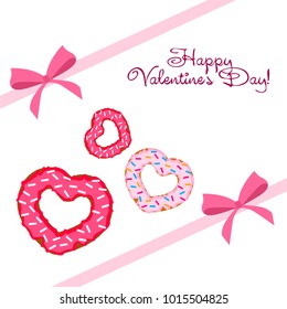 Greeting card day of St. Valentine. Abstract design, donuts in the form of heart, hearts, gifts, vector.