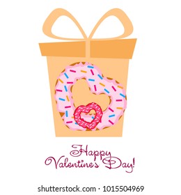 Greeting card day of St. Valentine. Abstract design, donuts in the form of heart, hearts, gifts, vector.
