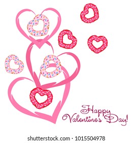 Greeting card day of St. Valentine. Abstract design, donuts in the form of heart, hearts, gifts, vector.