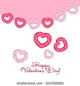 Greeting card day of St. Valentine. Abstract design, donuts in the form of heart, hearts, gifts, vector.