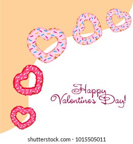 Greeting card day of St. Valentine. Abstract design, donuts in the form of heart, hearts, gifts, vector.