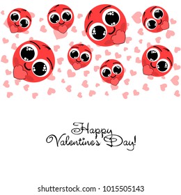 Greeting card day of St. Valentine. Abstract design, enamored smiley, hearts, gifts, vector.