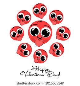 Greeting card day of St. Valentine. Abstract design, enamored smiley, hearts, gifts, vector.