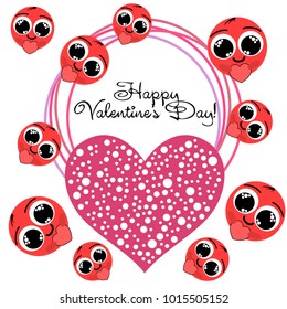 Greeting card day of St. Valentine. Abstract design, enamored smiley, hearts, gifts, vector.
