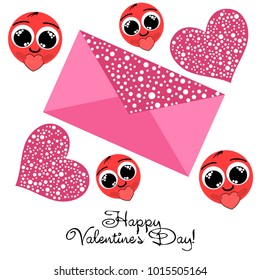 Greeting card day of St. Valentine. Abstract design, enamored smiley, hearts, gifts, vector.