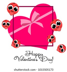Greeting card day of St. Valentine. Abstract design, enamored smiley, hearts, gifts, vector.