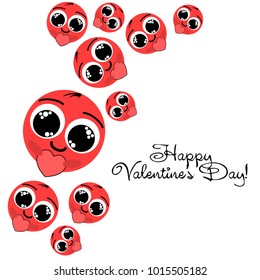 Greeting card day of St. Valentine. Abstract design, enamored smiley, hearts, gifts, vector.