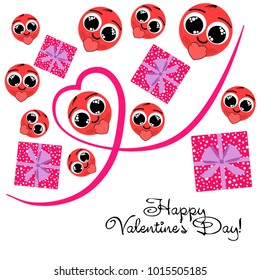 Greeting card day of St. Valentine. Abstract design, enamored smiley, hearts, gifts, vector.