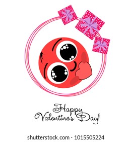Greeting card day of St. Valentine. Abstract design, enamored smiley, hearts, gifts, vector.