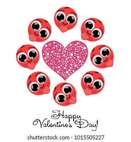 Greeting card day of St. Valentine. Abstract design, enamored smiley, hearts, gifts, vector.