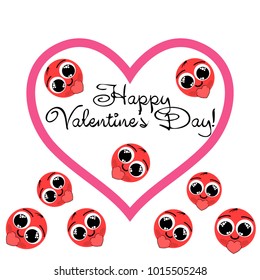 Greeting card day of St. Valentine. Abstract design, enamored smiley, hearts, gifts, vector.