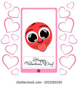 Greeting card day of St. Valentine. Abstract design, enamored smiley, hearts, gifts, vector.