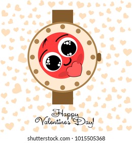 Greeting card day of St. Valentine. Abstract design, enamored smiley, hearts, gifts, vector.