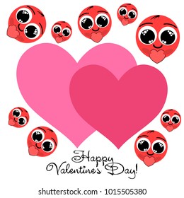 Greeting card day of St. Valentine. Abstract design, enamored smiley, hearts, gifts, vector.