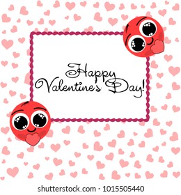 Greeting card day of St. Valentine. Abstract design, enamored smiley, hearts, gifts, vector.