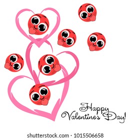 Greeting card day of St. Valentine. Abstract design, enamored smiley, hearts, gifts, vector.
