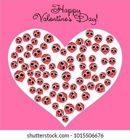 Greeting card day of St. Valentine. Abstract design, enamored smiley, hearts, gifts, vector.