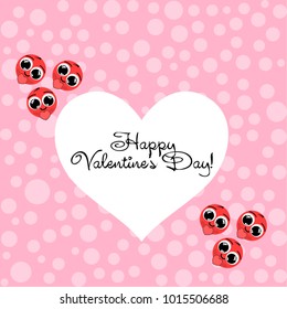 Greeting card day of St. Valentine. Abstract design, enamored smiley, hearts, gifts, vector.