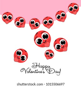 Greeting card day of St. Valentine. Abstract design, enamored smiley, hearts, gifts, vector.