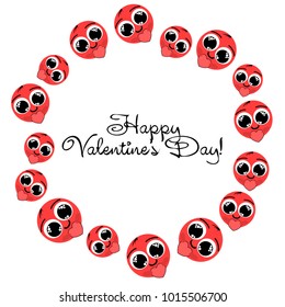 Greeting card day of St. Valentine. Abstract design, enamored smiley, hearts, gifts, vector.