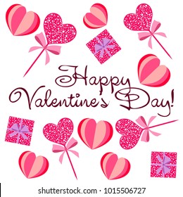 Greeting card day of St. Valentine. Abstract design, hearts, gifts, vector.