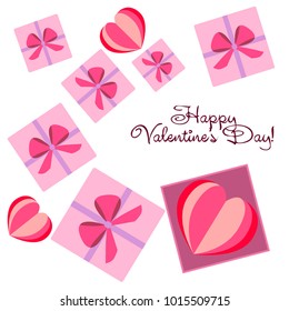 Greeting card day of St. Valentine. Abstract design, hearts, gifts, vector.