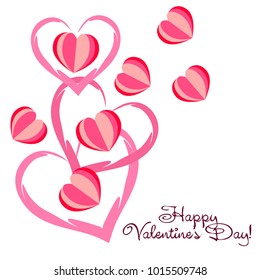 Greeting card day of St. Valentine. Abstract design, hearts, gifts, vector.