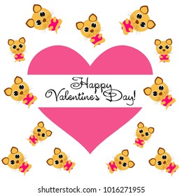 Greeting card day of St. Valentine. Abstract design, kitten with heart, gifts, vector.