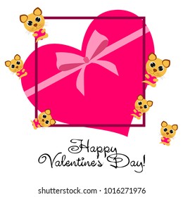 Greeting card day of St. Valentine. Abstract design, kitten with heart, gifts, vector.
