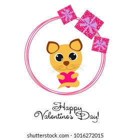 Greeting card day of St. Valentine. Abstract design, kitten with heart, gifts, vector.