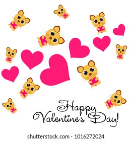 Greeting card day of St. Valentine. Abstract design, kitten with heart, gifts, vector.