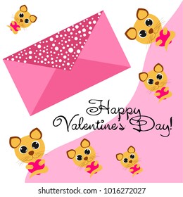 Greeting card day of St. Valentine. Abstract design, kitten with heart, gifts, vector.
