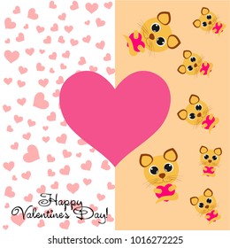 Greeting card day of St. Valentine. Abstract design, kitten with heart, gifts, vector.