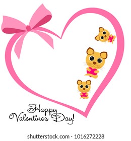 Greeting card day of St. Valentine. Abstract design, kitten with heart, gifts, vector.