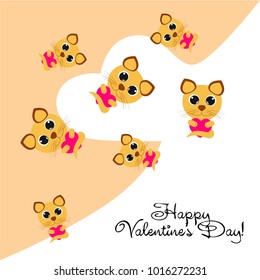Greeting card day of St. Valentine. Abstract design, kitten with heart, gifts, vector.