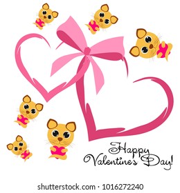 Greeting card day of St. Valentine. Abstract design, kitten with heart, gifts, vector.