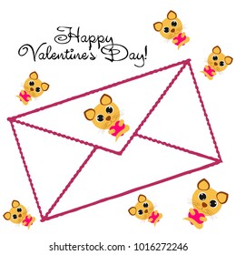 Greeting card day of St. Valentine. Abstract design, kitten with heart, gifts, vector.