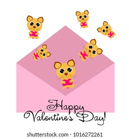 Greeting card day of St. Valentine. Abstract design, kitten with heart, gifts, vector.