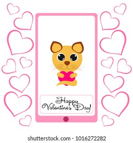 Greeting card day of St. Valentine. Abstract design, kitten with heart, gifts, vector.