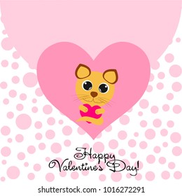 Greeting card day of St. Valentine. Abstract design, kitten with heart, gifts, vector.
