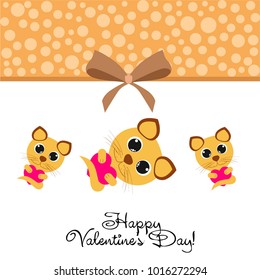Greeting card day of St. Valentine. Abstract design, kitten with heart, gifts, vector.