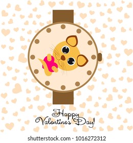 Greeting card day of St. Valentine. Abstract design, kitten with heart, gifts, vector.