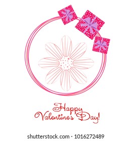 Greeting card day of St. Valentine. Abstract design, flowers, gifts, hearts, vector.