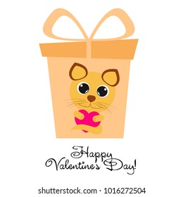 Greeting card day of St. Valentine. Abstract design, kitten with heart, gifts, vector.