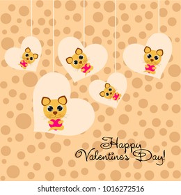 Greeting card day of St. Valentine. Abstract design, kitten with heart, gifts, vector.