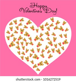 Greeting card day of St. Valentine. Abstract design, kitten with heart, gifts, vector.