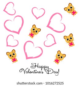 Greeting card day of St. Valentine. Abstract design, kitten with heart, gifts, vector.